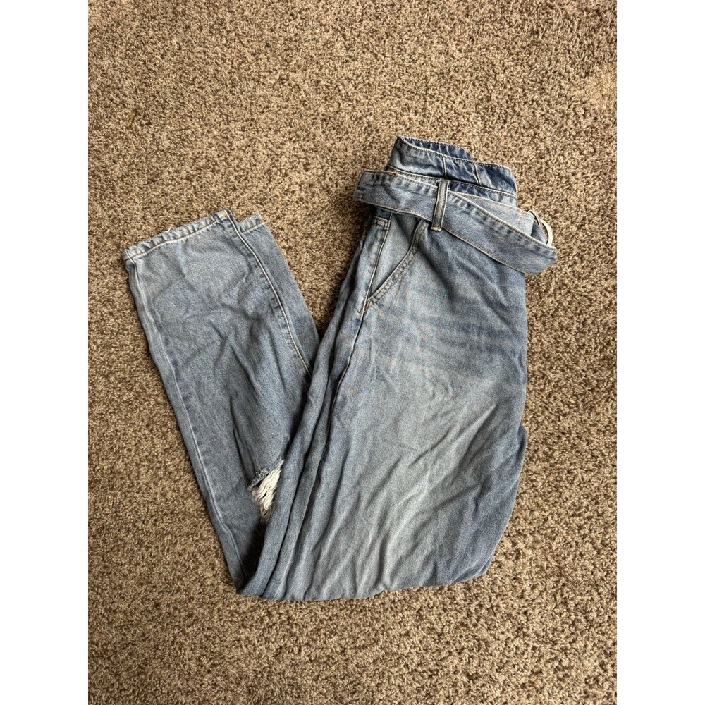 KanCan Paperbag Waist Mom Jeans Womens 7/27 Distressed High Rise Belted